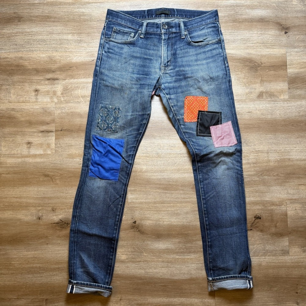UNIQLO Selvedge Jeans Men 30x32 Blue Slim Fit Straight Leg Patchwork Unique Pant